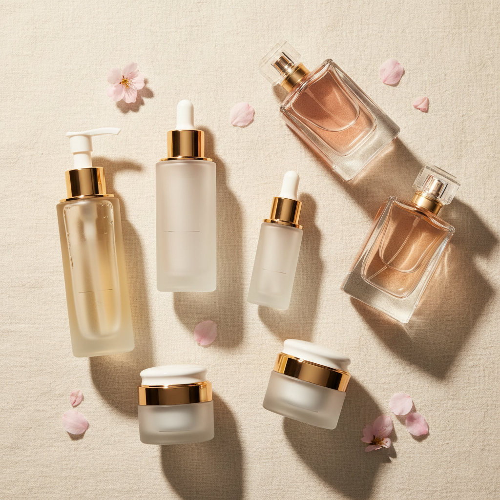 Soft Glow Luxury Ritual – Sakura skincare and fragrance set flat lay