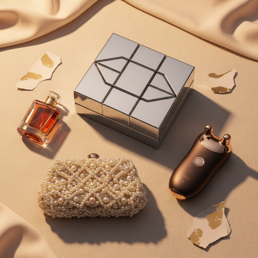 The Fericire Eid Ritual – Luxury gift set flat lay with skincare, fragrance, clutch and massager
