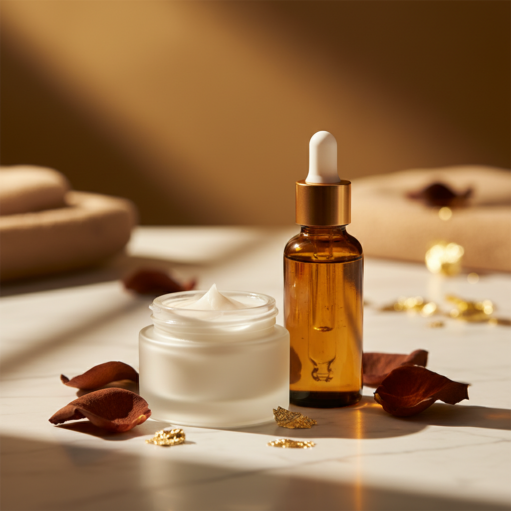 Daily Glow Duo – Luxury skincare duo on marble with golden light