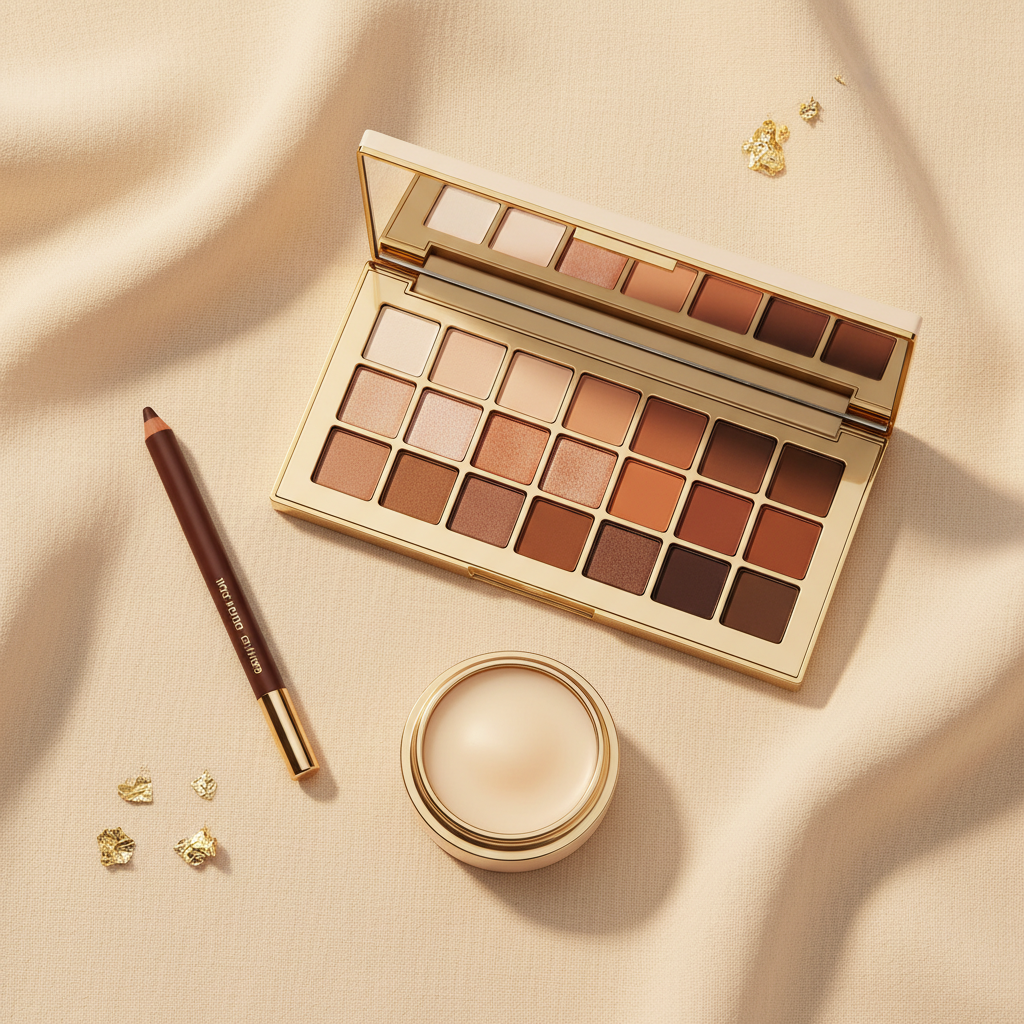 Everyday Feminine Glow Set – Soft glam makeup flat lay, no flowers